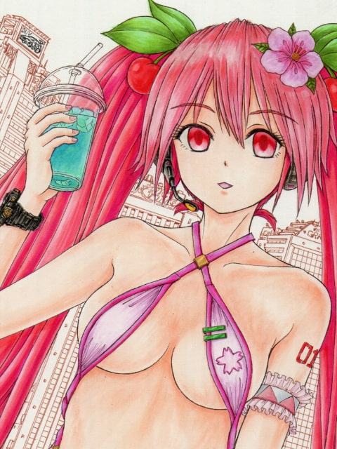 初〇ミク、桜ミ〇のアナログイラスト(コピック系作品)