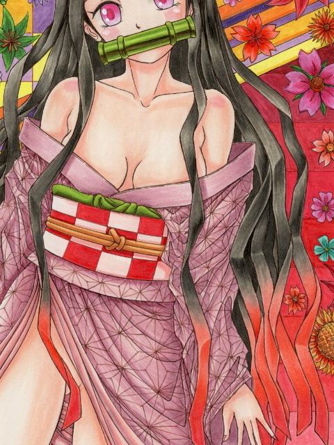 鬼〇の刃、〇門〇豆子(か〇どね〇こ)のアナログイラスト(コピック系作品)