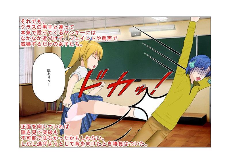 力のない女子でも頑丈な男子相手に喧嘩で勝てる方法 『放課後バトルロワイヤル』 その方法とはもちろん男子の急所を狙う金的 さらに女子はそれで男子を支配し始め……