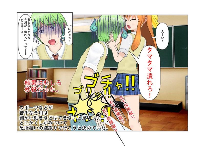 力のない女子でも頑丈な男子相手に喧嘩で勝てる方法 『放課後バトルロワイヤル』 その方法とはもちろん男子の急所を狙う金的 さらに女子はそれで男子を支配し始め……