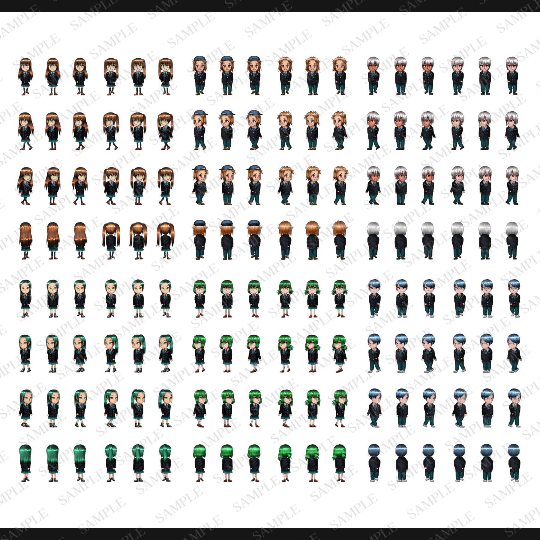 RPG立ち絵素材集2(制服ver)【歩行・顔・SV戦闘用素材付属】