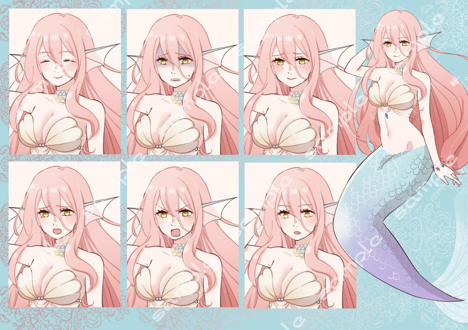 立ち絵素材_13(女性人魚全身、表情7種)