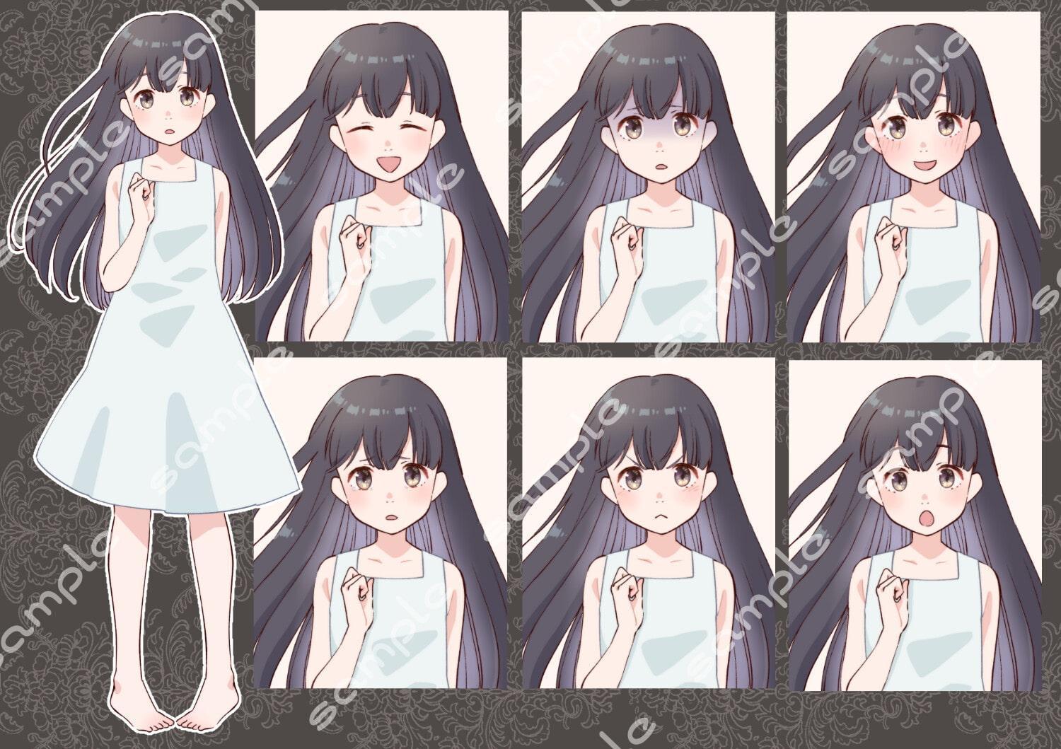 立ち絵素材_14(白ワンピース黒髪銀髪差分あり少女全身、表情7種)