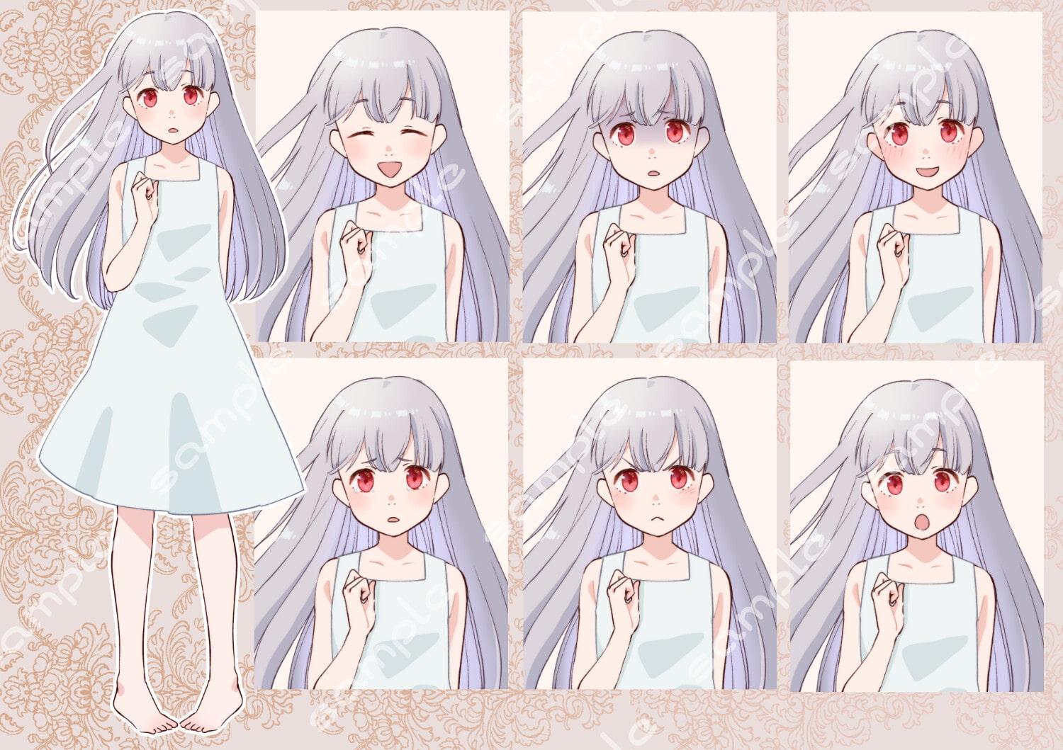 立ち絵素材_14(白ワンピース黒髪銀髪差分あり少女全身、表情7種)