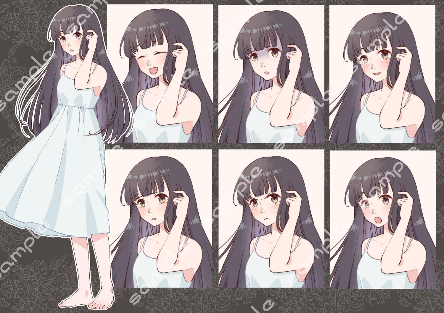 立ち絵素材_15(白ワンピース女性全身、黒髪、銀髪差分あり表情各7種)