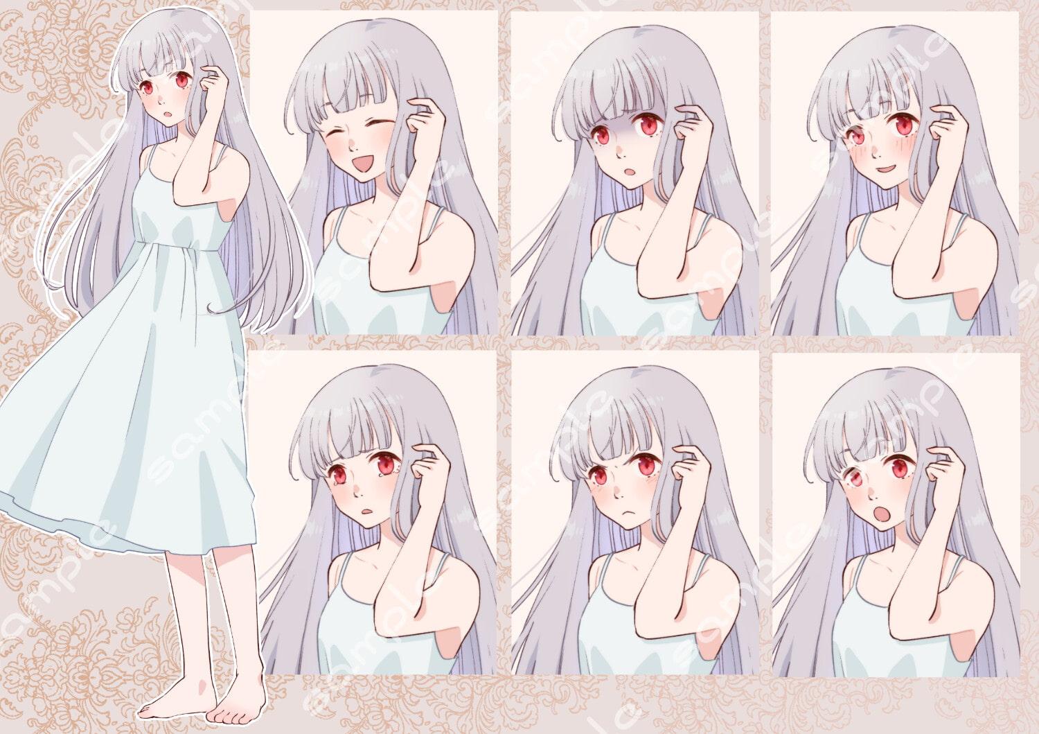 立ち絵素材_15(白ワンピース女性全身、黒髪、銀髪差分あり表情各7種)