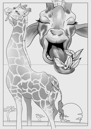 睾丸に頭突きが入って悶絶してるキリンくんがハイエナくんに食べられたりする漫画