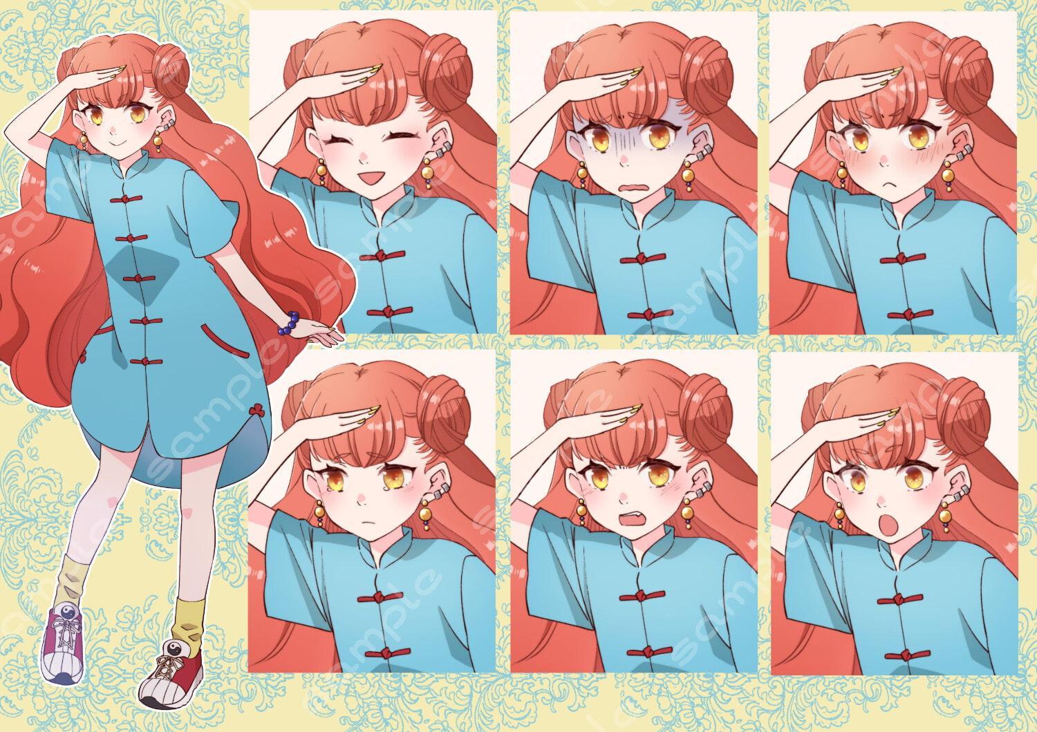 立ち絵素材_21(赤毛チャイナ女子全身、表情7種)