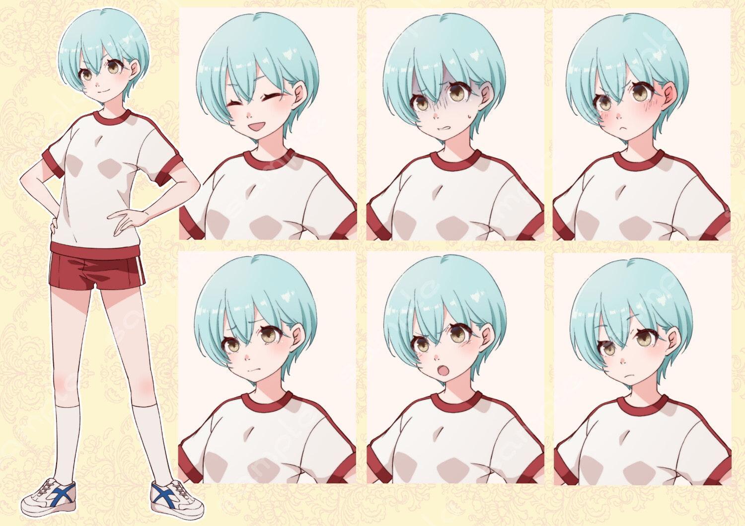 立ち絵素材_24 (ショートカット女子高生全身、表情各7種 衣装差分あり、制服、ジャージ、体操服)