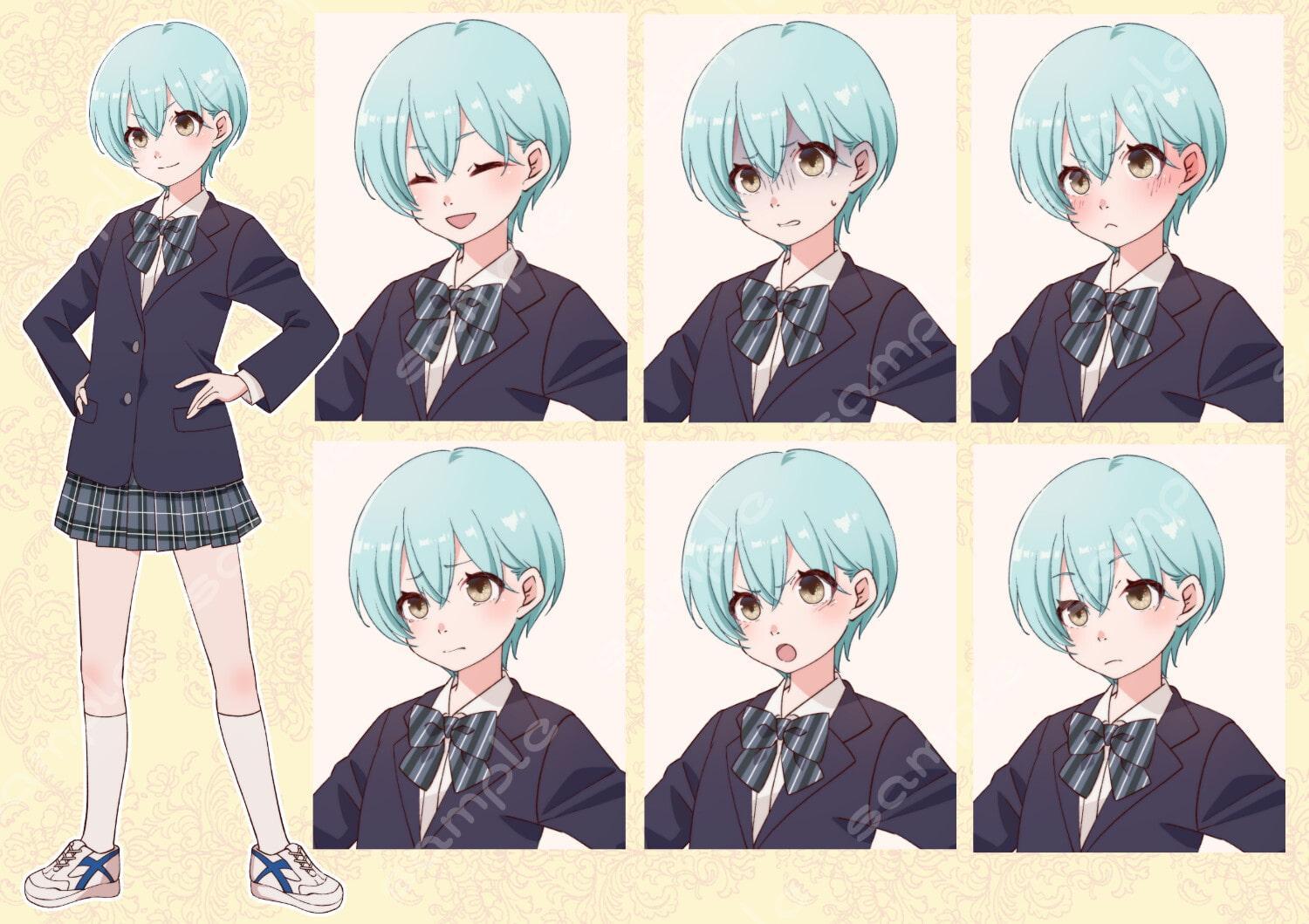 立ち絵素材_24 (ショートカット女子高生全身、表情各7種 衣装差分あり、制服、ジャージ、体操服)