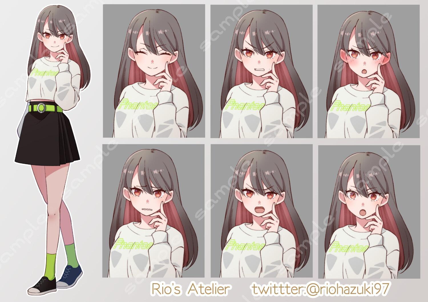 立ち絵素材_30(私服ロングヘア女性全身、表情7種)