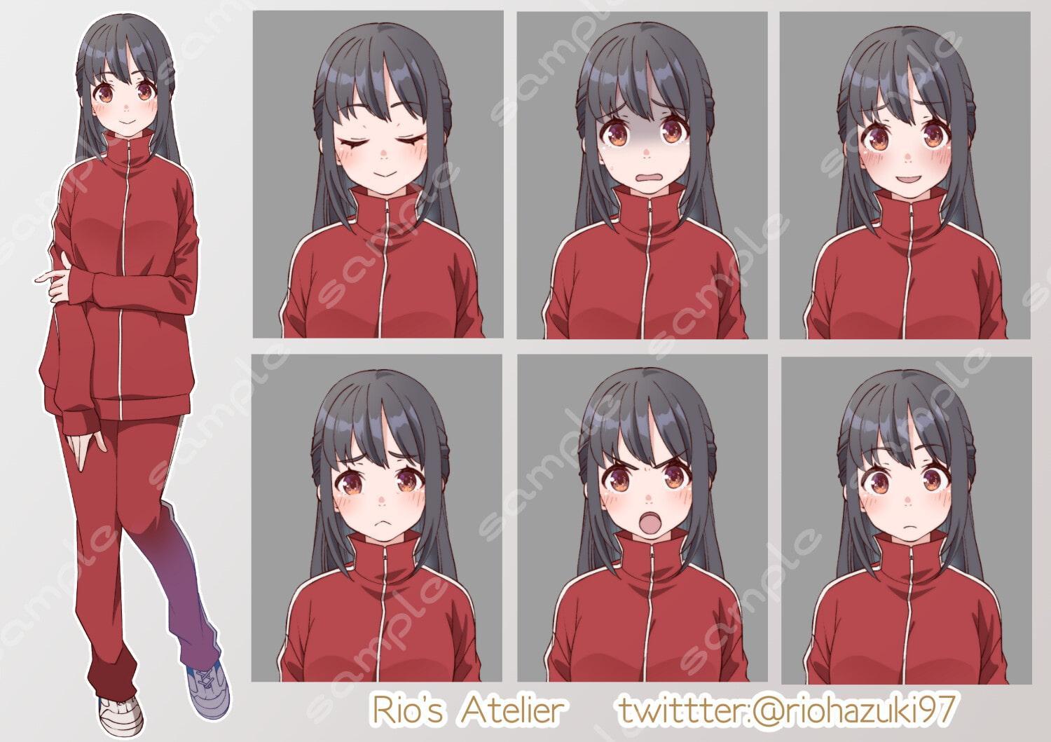 立ち絵素材_31 (ハーフアップ黒髪女子高生全身、表情各7種 衣装差分あり、制服、ジャージ、体操服)