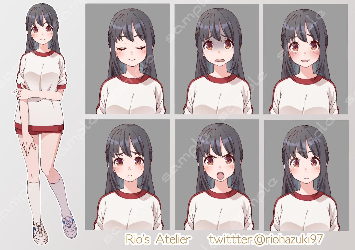 立ち絵素材_31 (ハーフアップ黒髪女子高生全身、表情各7種 衣装差分あり、制服、ジャージ、体操服)