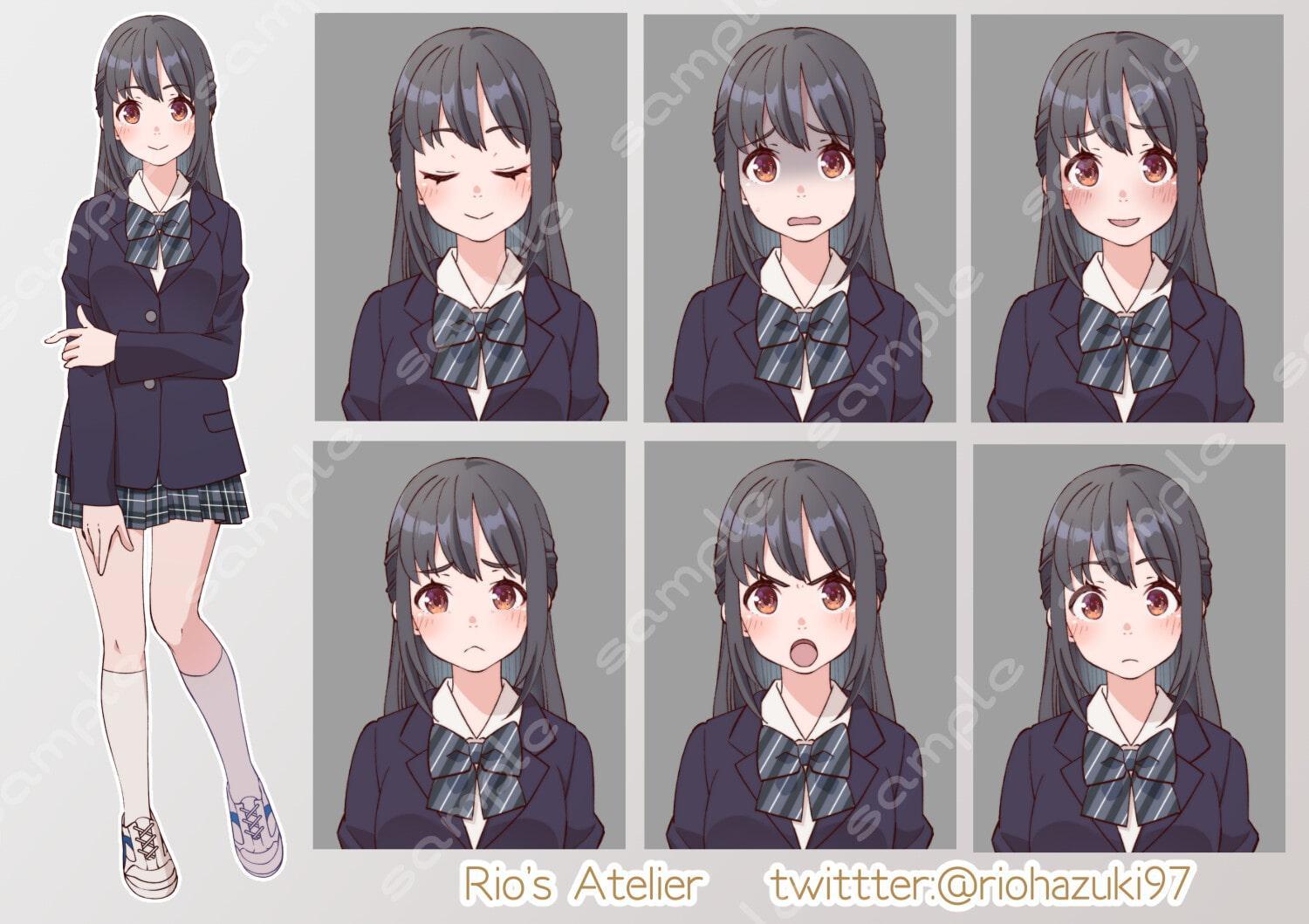 立ち絵素材_31 (ハーフアップ黒髪女子高生全身、表情各7種 衣装差分あり、制服、ジャージ、体操服)