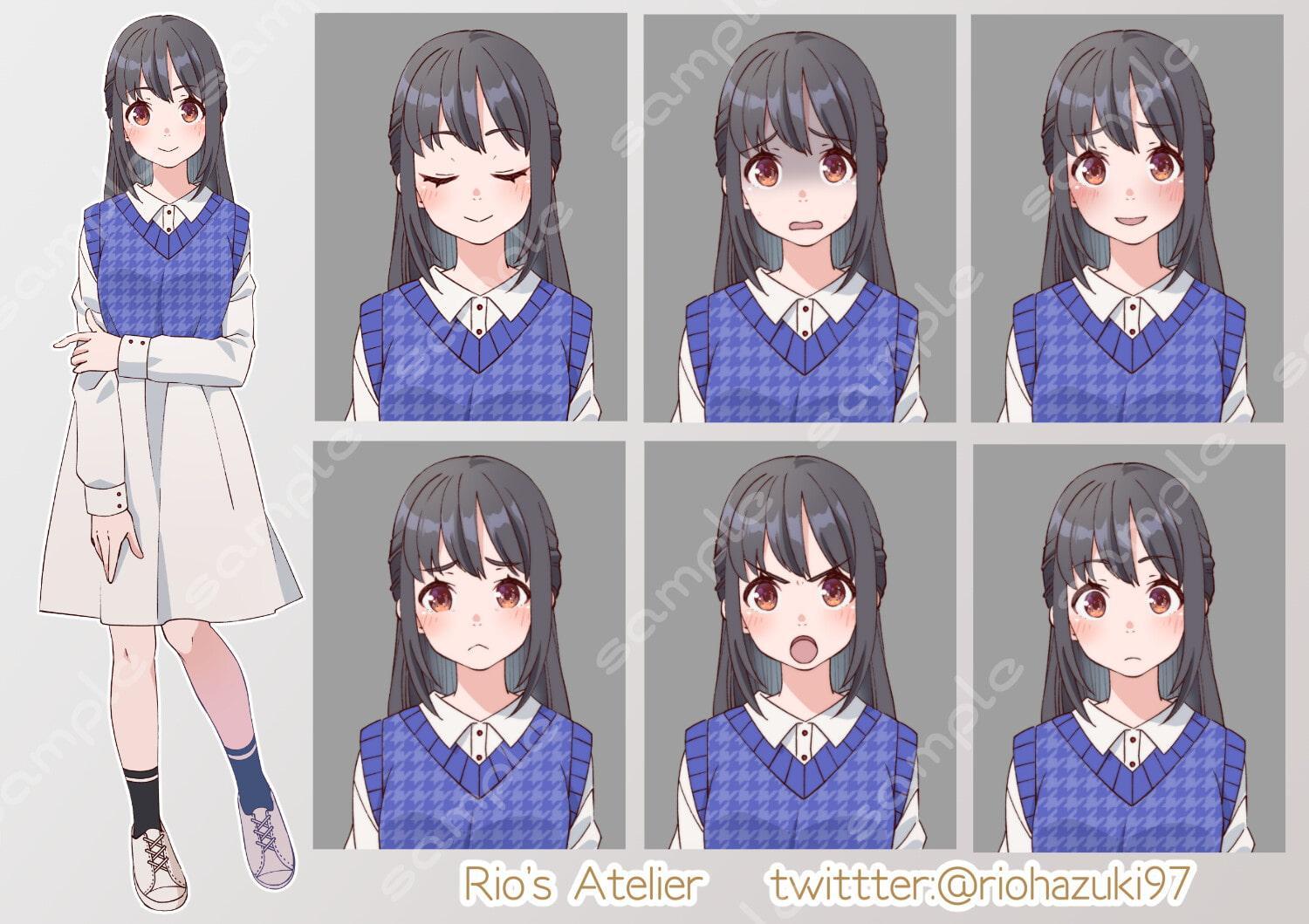 立ち絵素材_31 (ハーフアップ黒髪女子高生、私服全身、表情7種 )