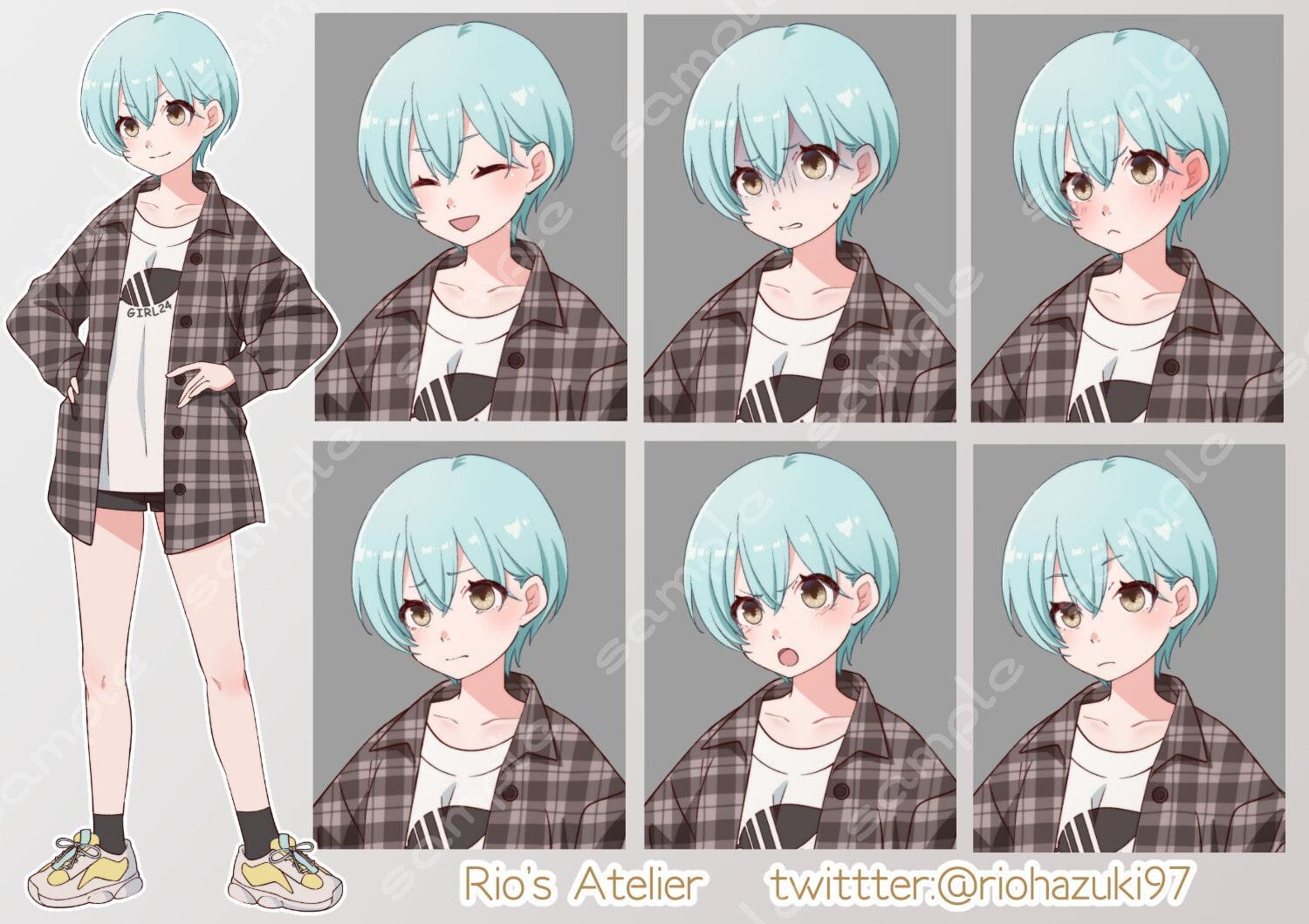 立ち絵素材_24 _b(ショートカット私服女子高生全身、表情7種)