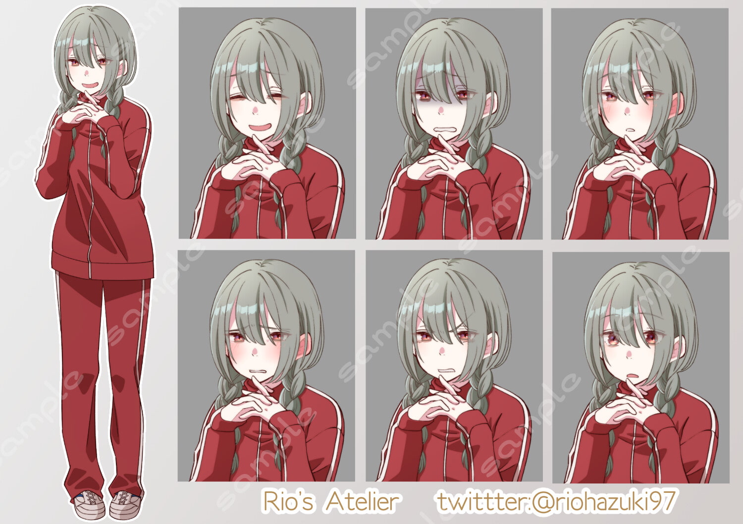 立ち絵素材_32 (陰キャ三つ編み女子高生全身、表情各12種 衣装差分あり、制服、ジャージ、白衣)