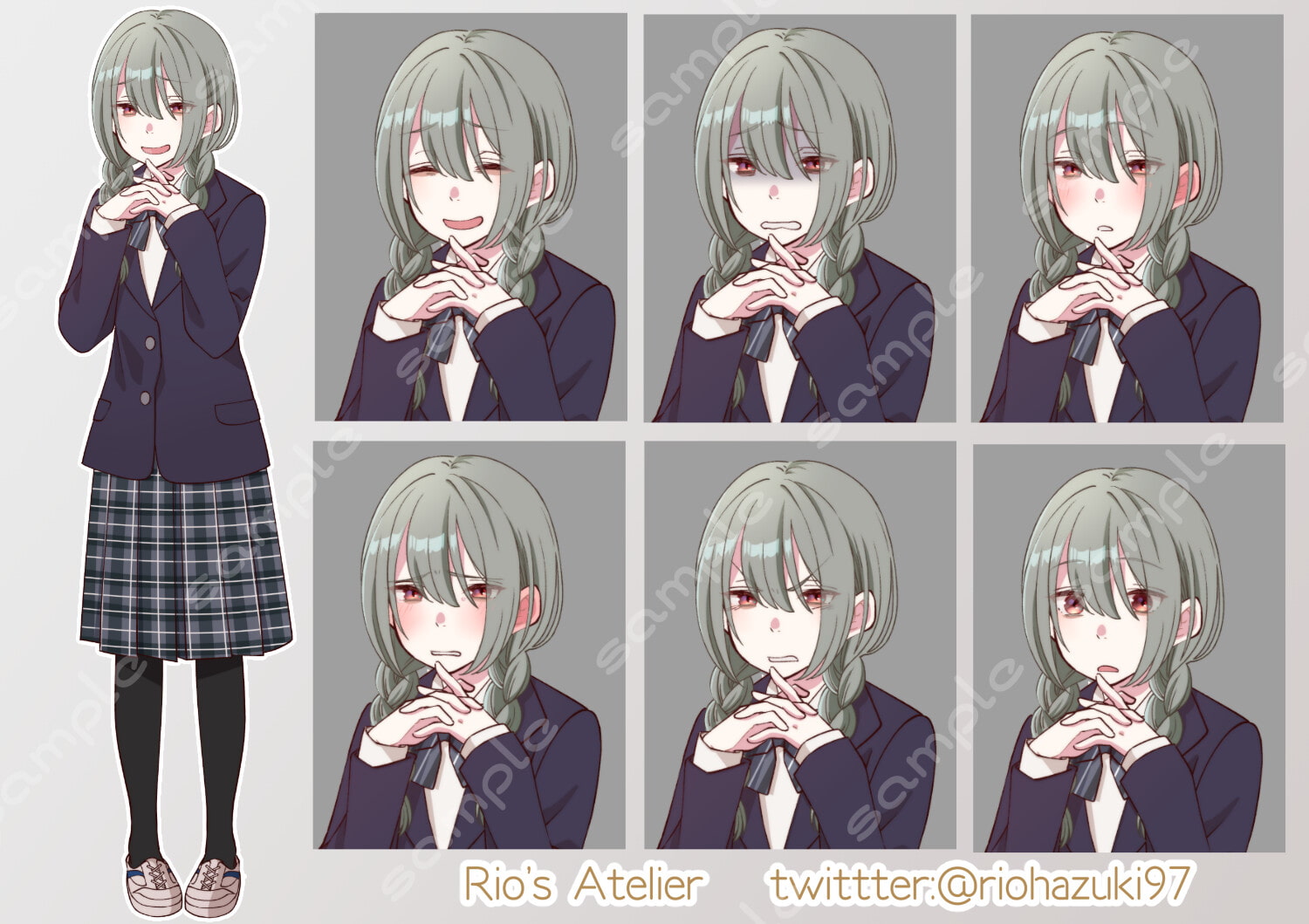 立ち絵素材_32 (陰キャ三つ編み女子高生全身、表情各12種 衣装差分あり、制服、ジャージ、白衣)