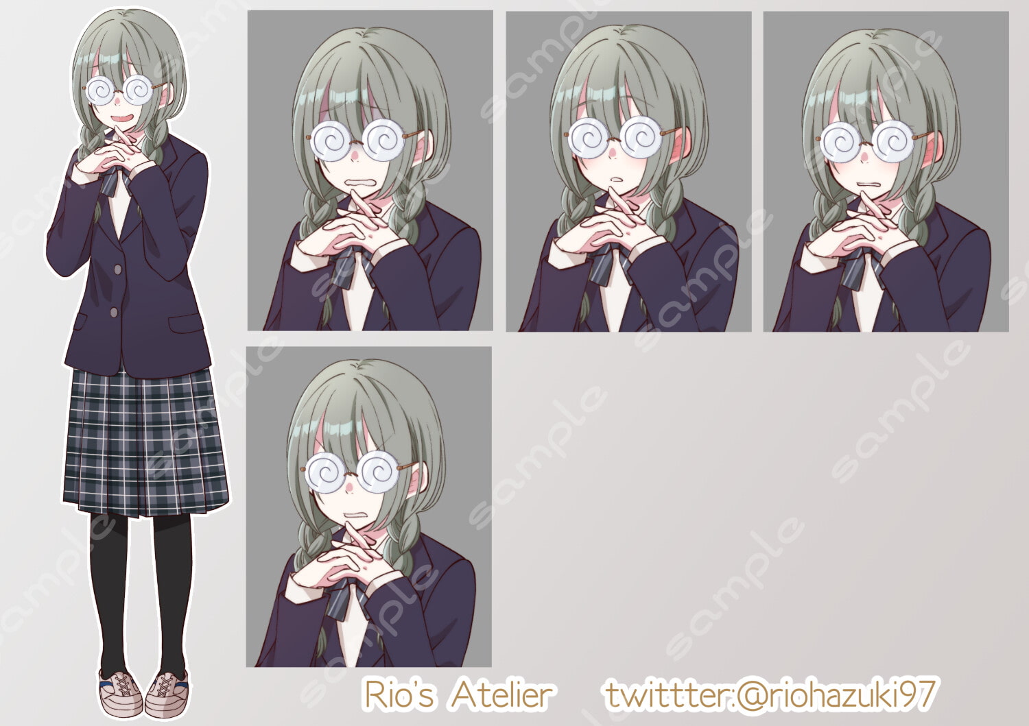 立ち絵素材_32 (陰キャ三つ編み女子高生全身、表情各12種 衣装差分あり、制服、ジャージ、白衣)