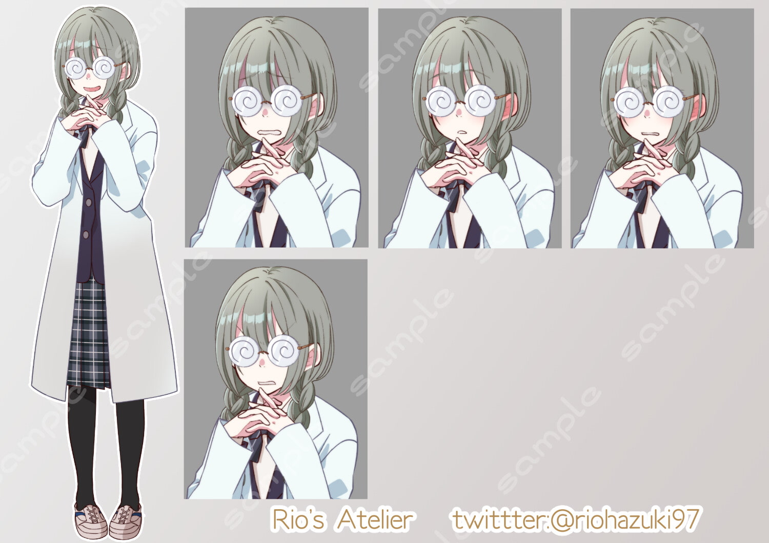 立ち絵素材_32 (陰キャ三つ編み女子高生全身、表情各12種 衣装差分あり、制服、ジャージ、白衣)