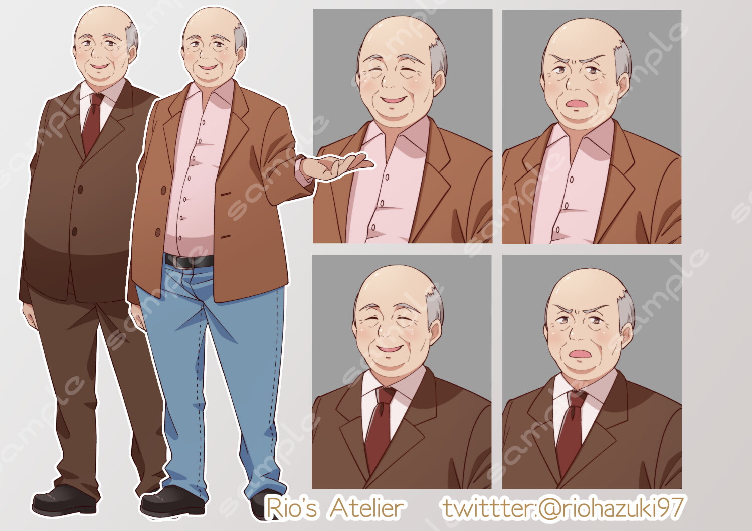 立ち絵素材_35 (恰幅の良いおじさん全身、表情各3種 衣装2種、私服、スーツ)