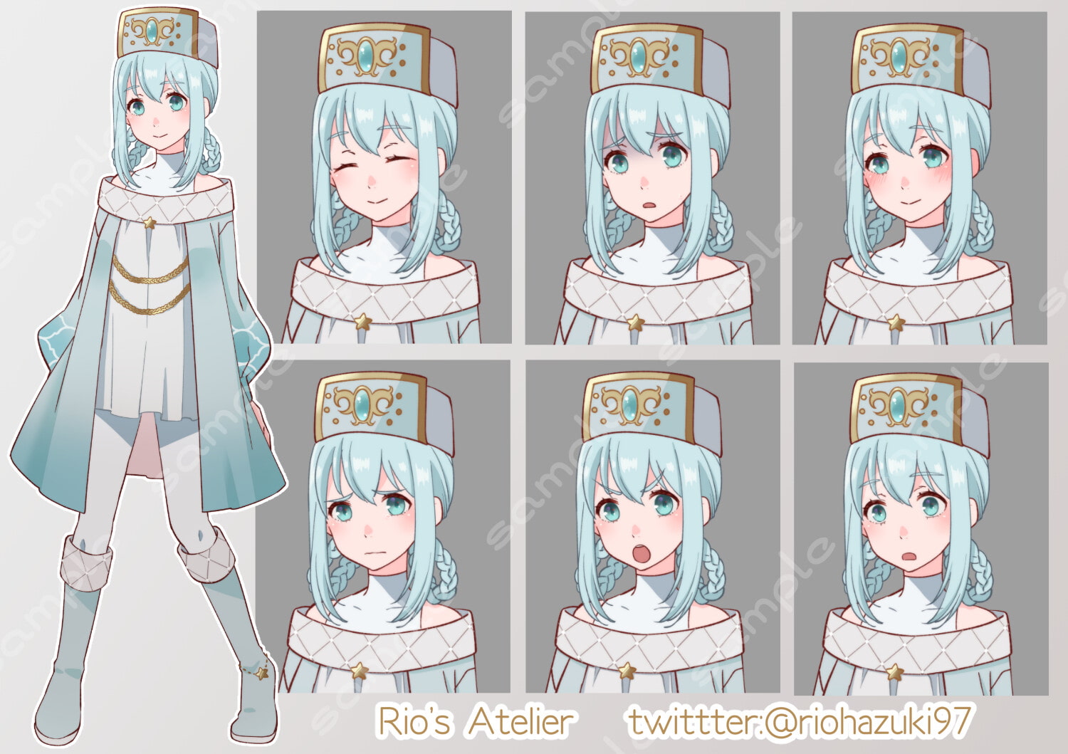 立ち絵素材_39(女性ヒーラー全身、表情各7種、杖ありなし差分あり)