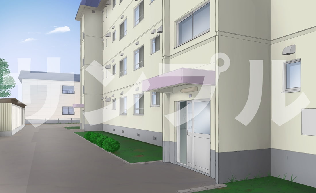 【背景素材集】4階建ての昭和レトロな外観の古いタイプの団地。ベッドルーム付き