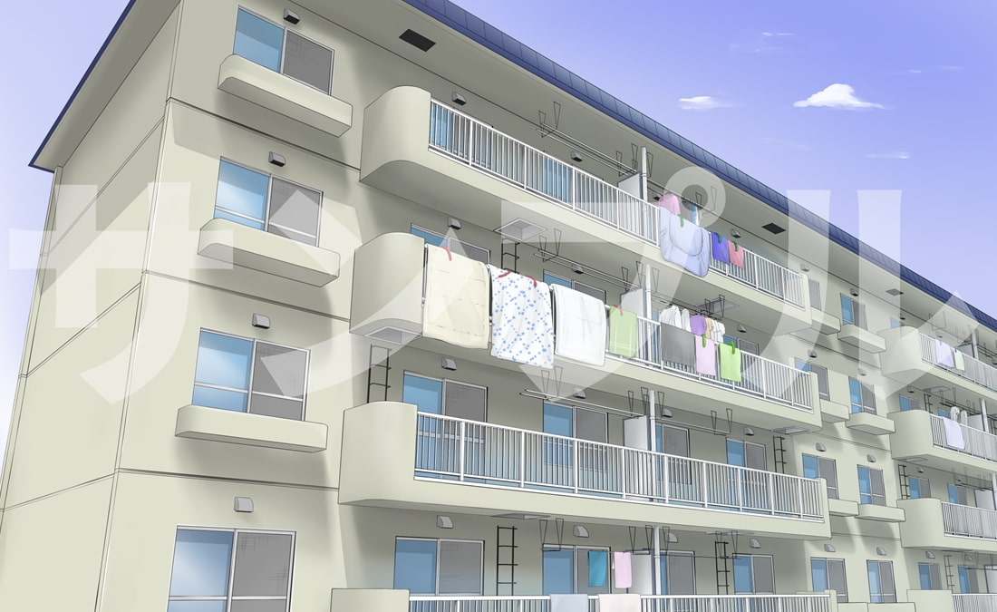 【背景素材集】4階建ての昭和レトロな外観の古いタイプの団地。ベッドルーム付き