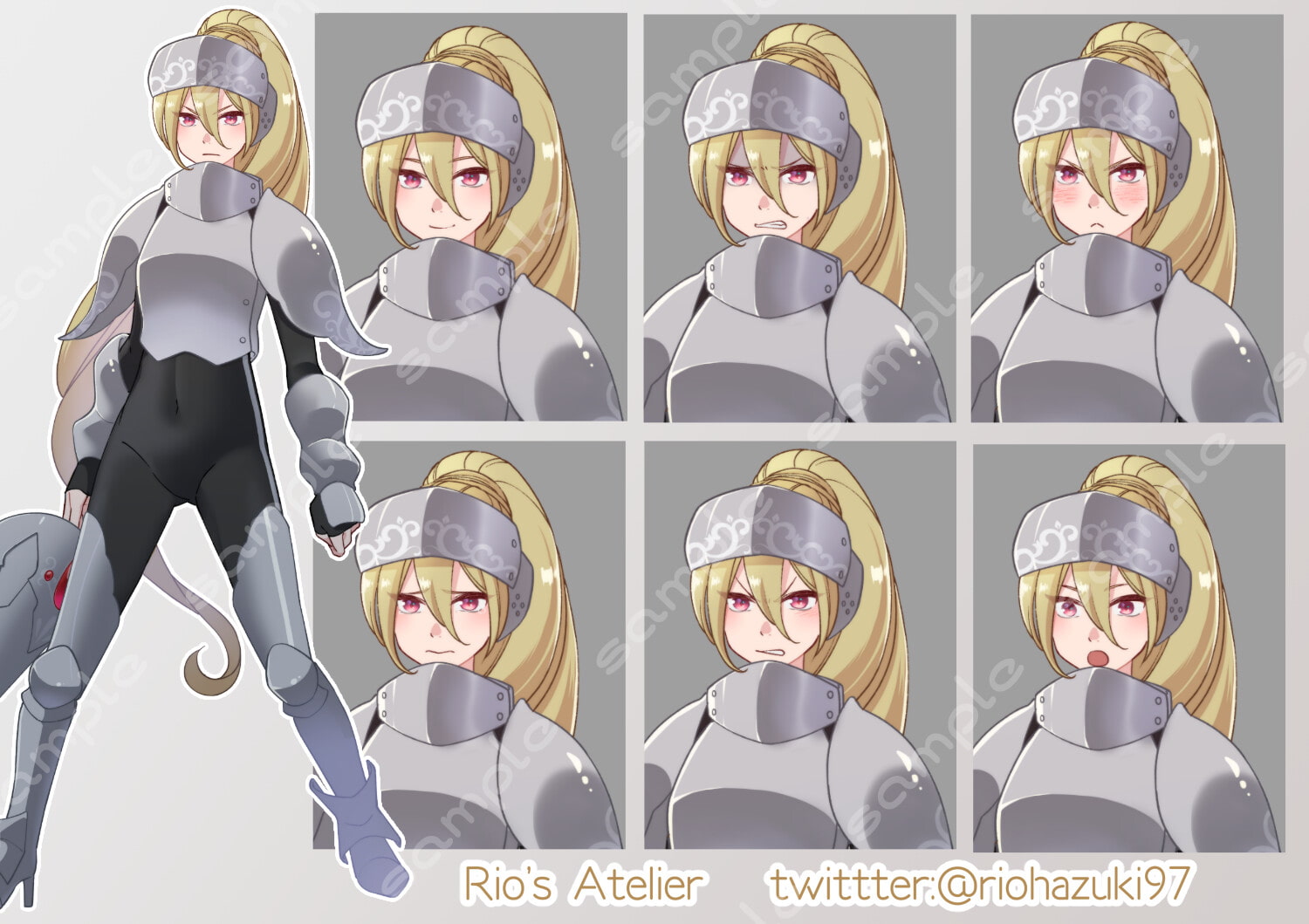 立ち絵素材_40(鎧装備女性全身、表情各7種、武器ありなし差分あり)