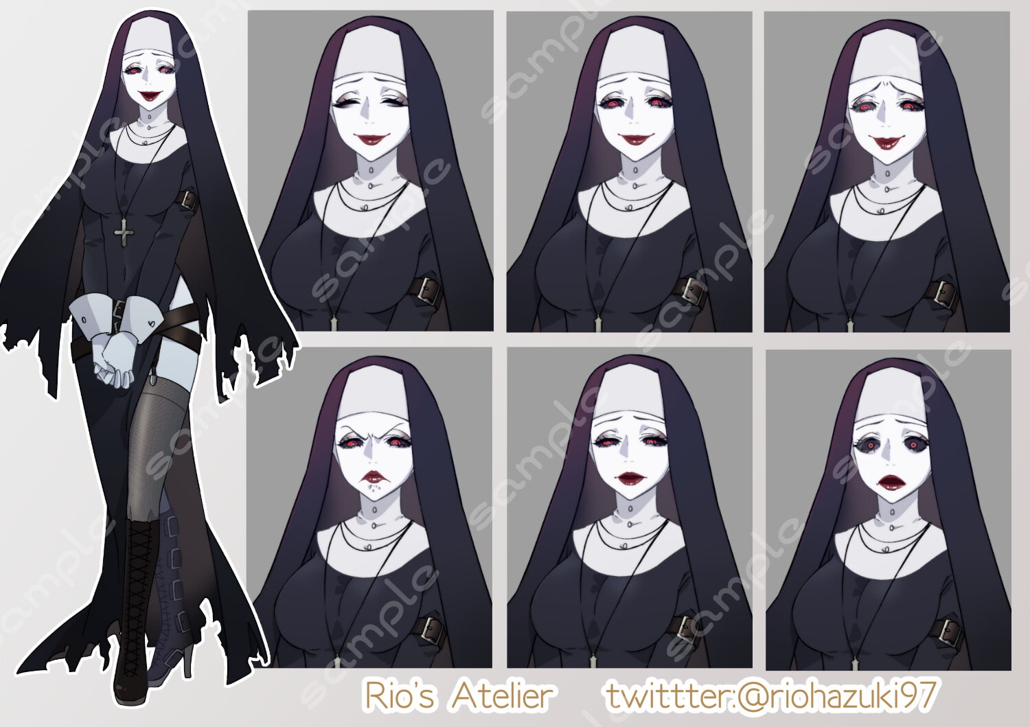 立ち絵素材_42(ヴィラン系シスター女性全身、表情7種)