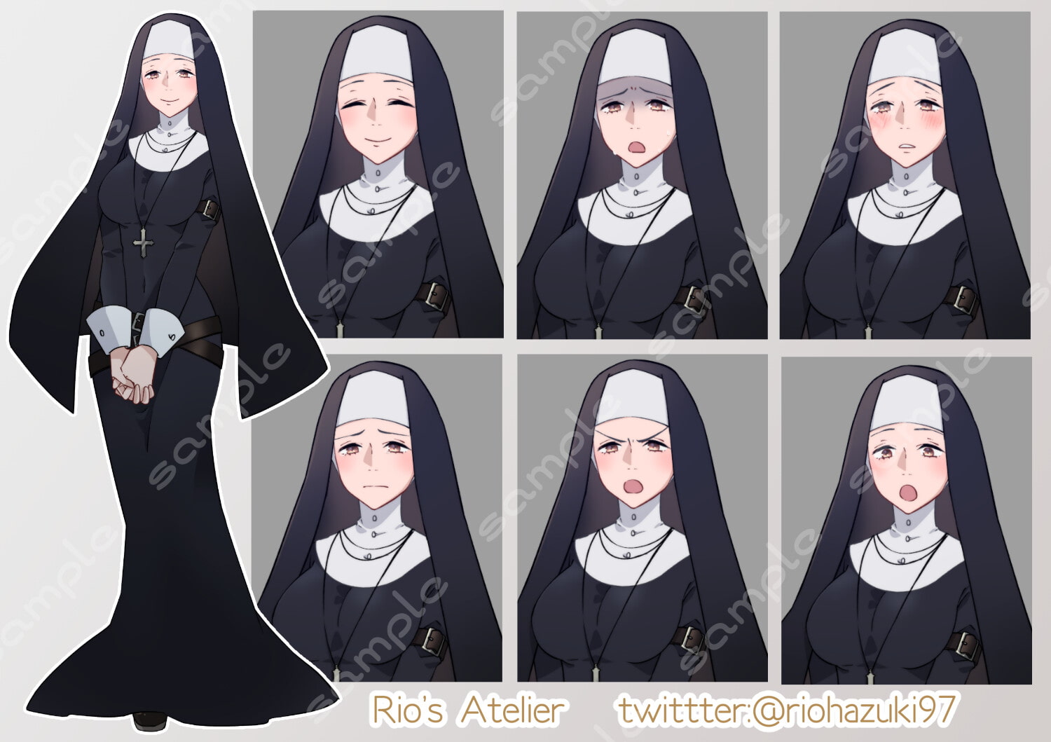 立ち絵素材_43(シスター女性全身、表情7種)