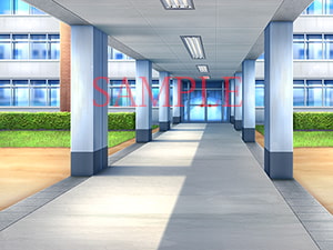 著作権フリー背景CG素材「渡り廊下 学園中庭」