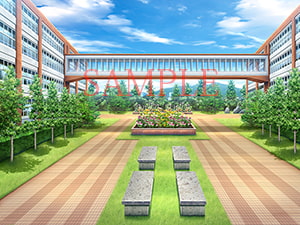 著作権フリー背景CG素材「渡り廊下 学園中庭」