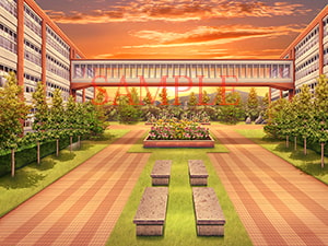 著作権フリー背景CG素材「渡り廊下 学園中庭」