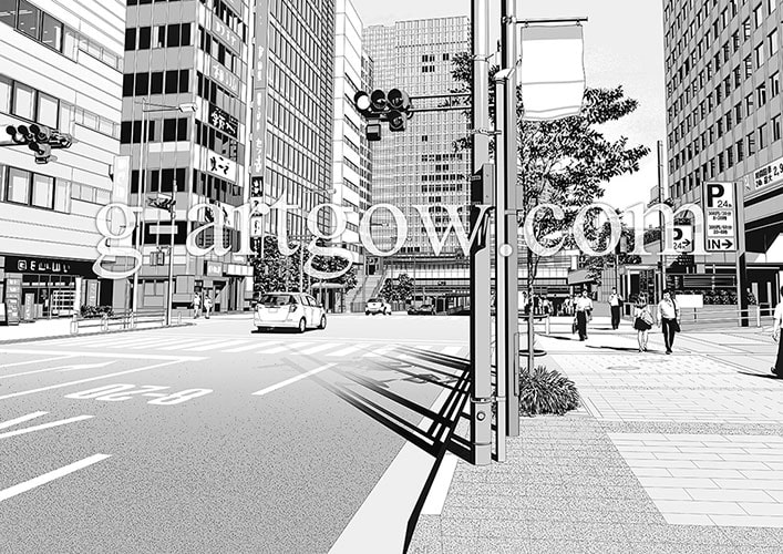 著作権フリー漫画背景素材/街なみ1/浜松町駅北口