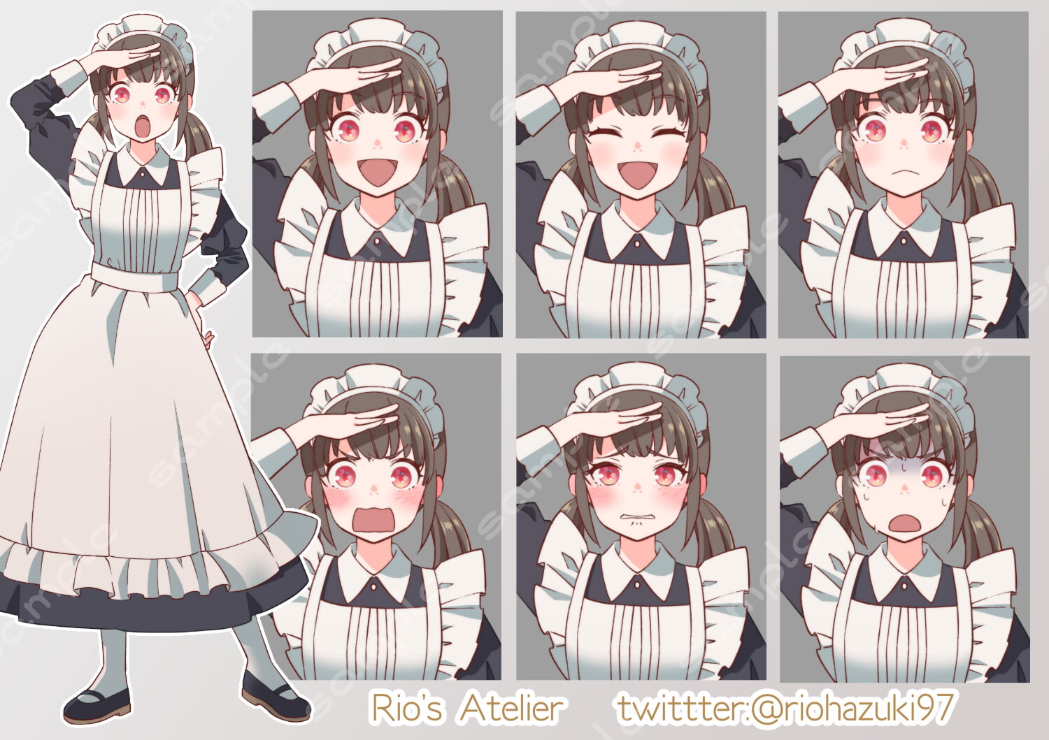 立ち絵素材_46(元気系メイドちゃん全身、表情7種)