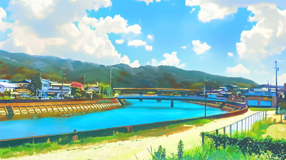 河川の橋と田舎町【背景素材(夕方差分付きセット)】