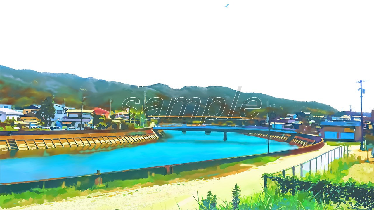 河川の橋と田舎町【背景素材(夕方差分付きセット)】