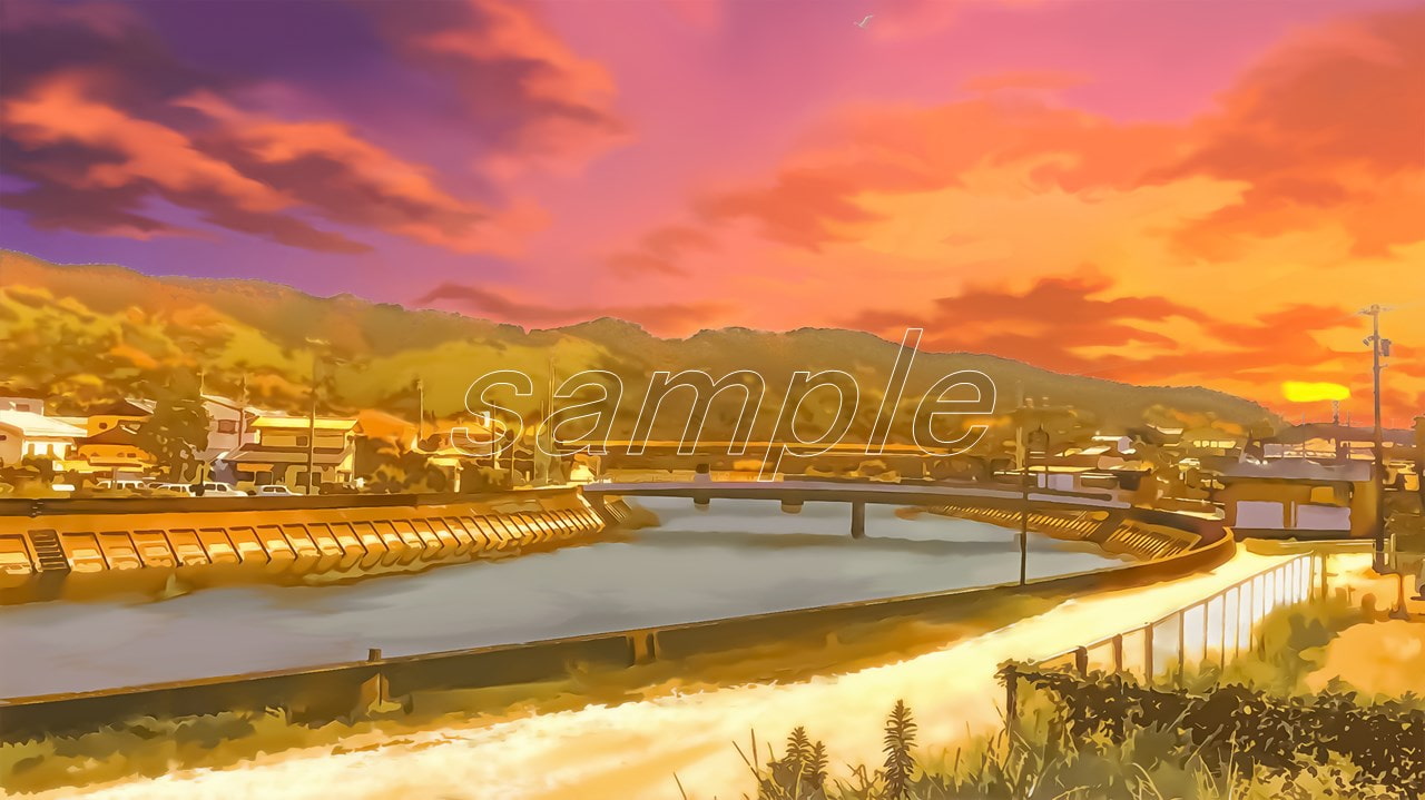 河川の橋と田舎町【背景素材(夕方差分付きセット)】