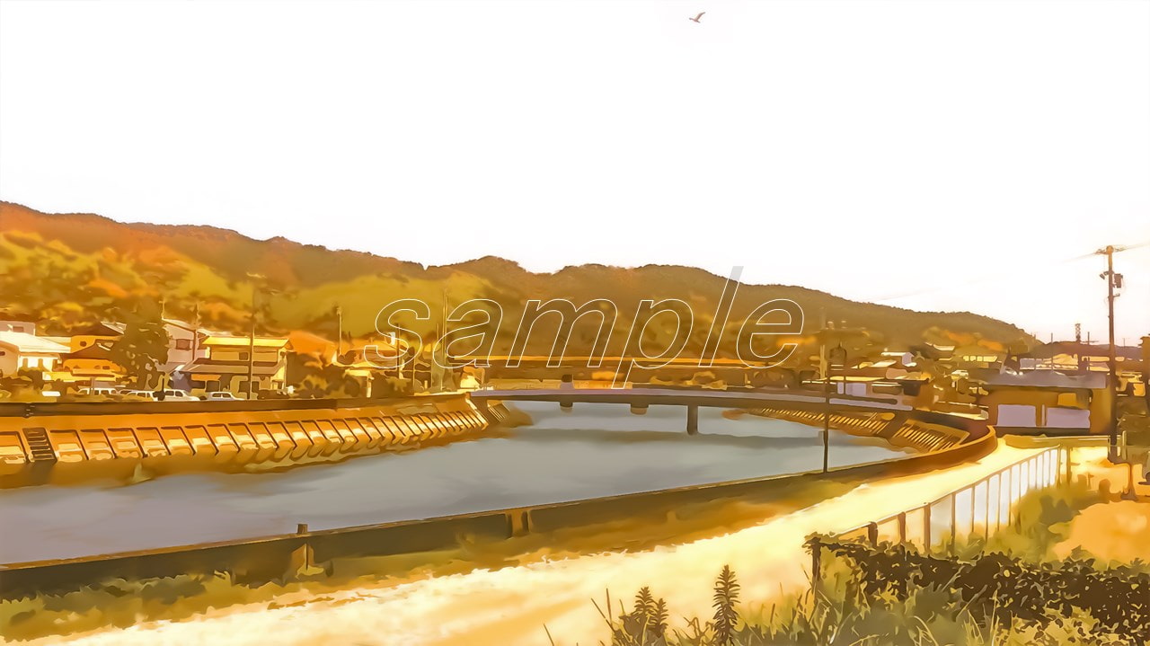 河川の橋と田舎町【背景素材(夕方差分付きセット)】