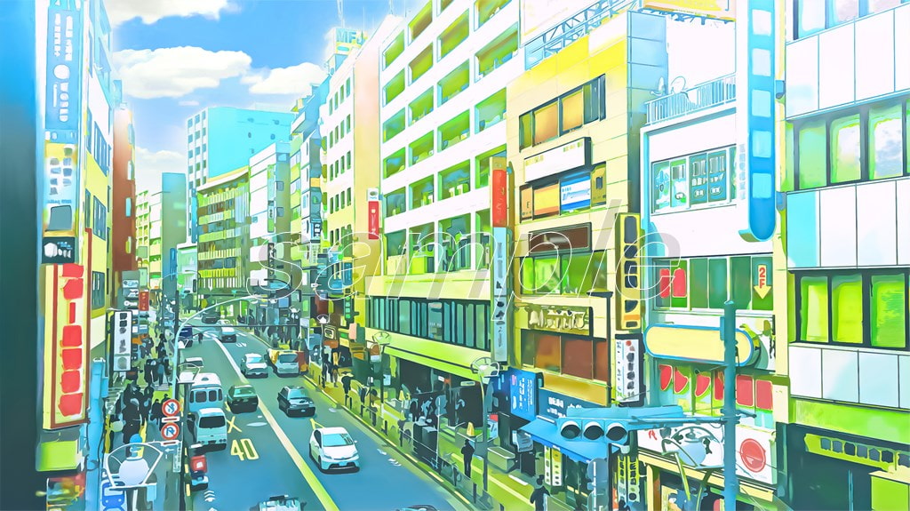 都会の繁華街【背景素材(夕方差分+空くり抜きセット)】