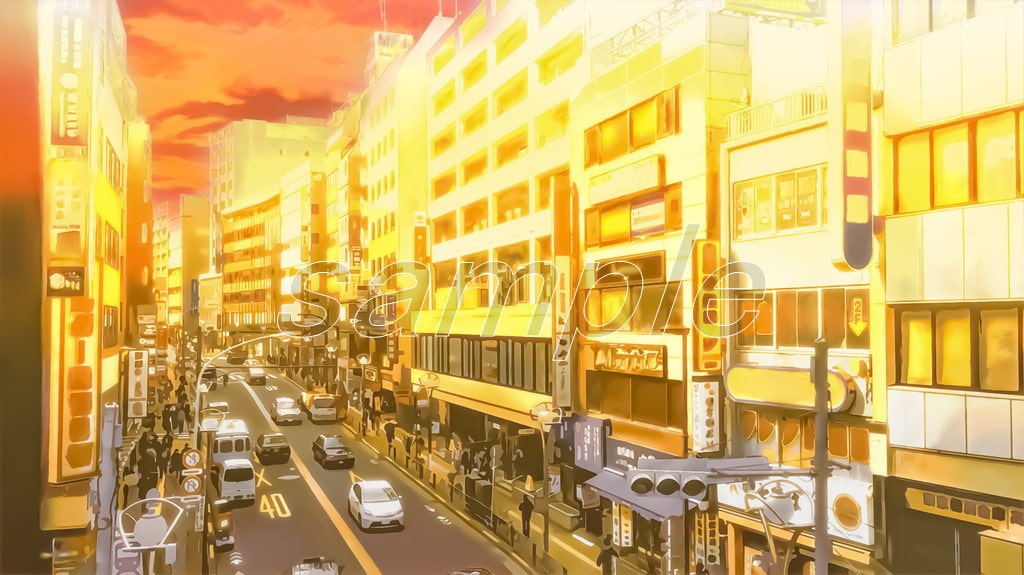 都会の繁華街【背景素材(夕方差分+空くり抜きセット)】