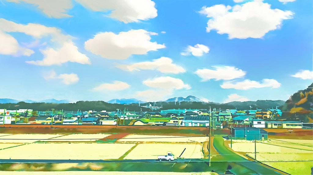 田畑と農村 【背景素材(夕方差分+空くり抜きセット)】