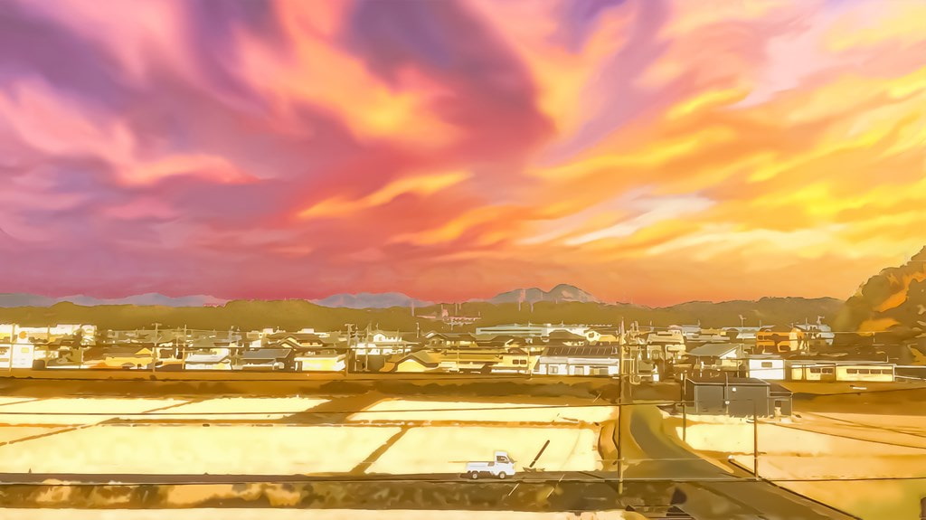 田畑と農村 【背景素材(夕方差分+空くり抜きセット)】