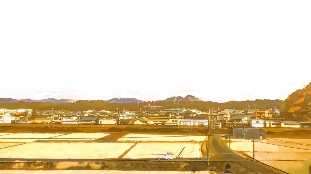 田畑と農村 【背景素材(夕方差分+空くり抜きセット)】