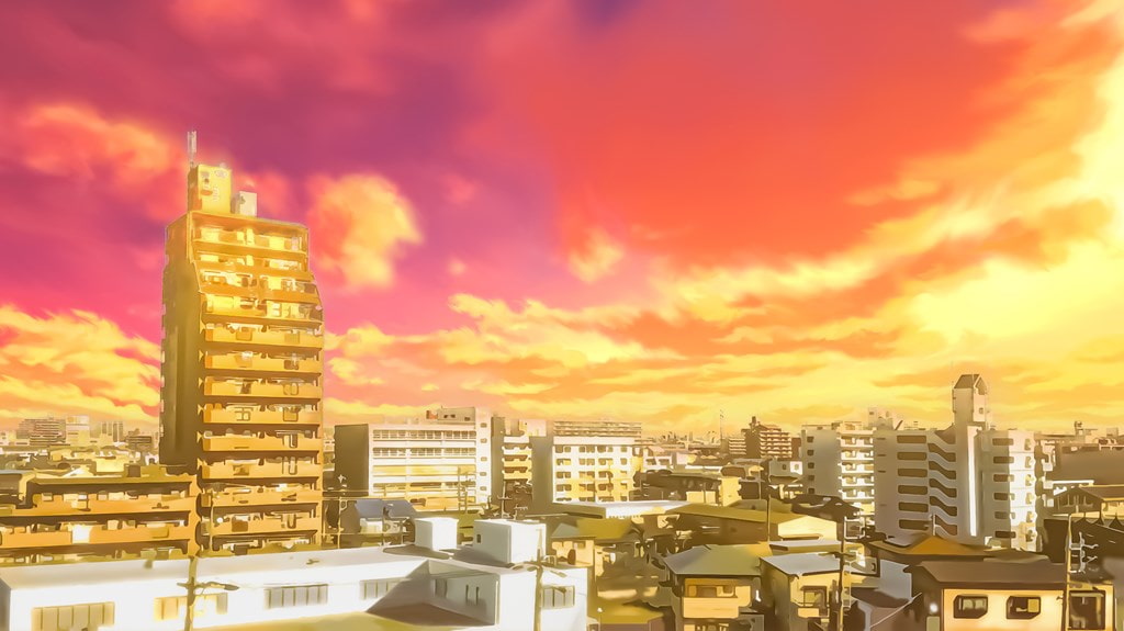 都会の展望とマンション【背景素材(夕方差分+空くり抜きセット)】