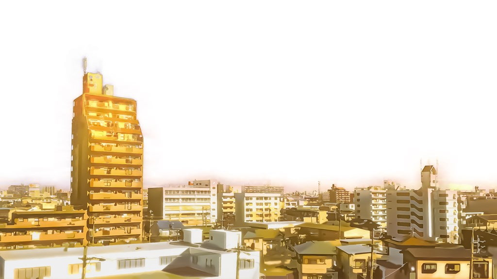 都会の展望とマンション【背景素材(夕方差分+空くり抜きセット)】