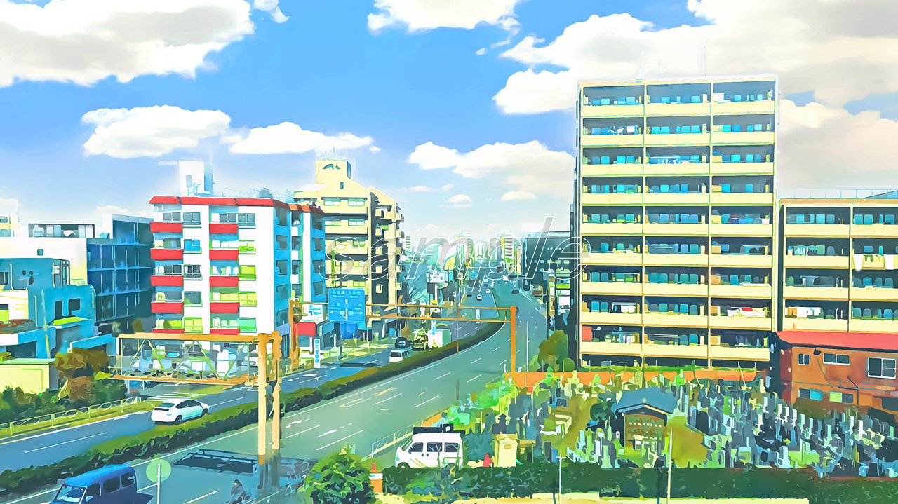 都会のマンションと国道【背景素材(夕方差分+空くり抜きセット)】