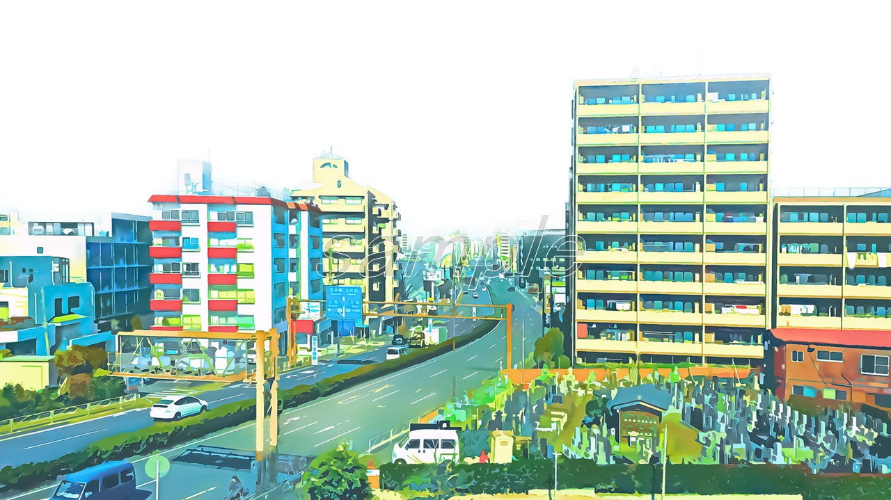 都会のマンションと国道【背景素材(夕方差分+空くり抜きセット)】