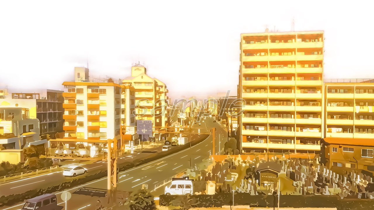 都会のマンションと国道【背景素材(夕方差分+空くり抜きセット)】